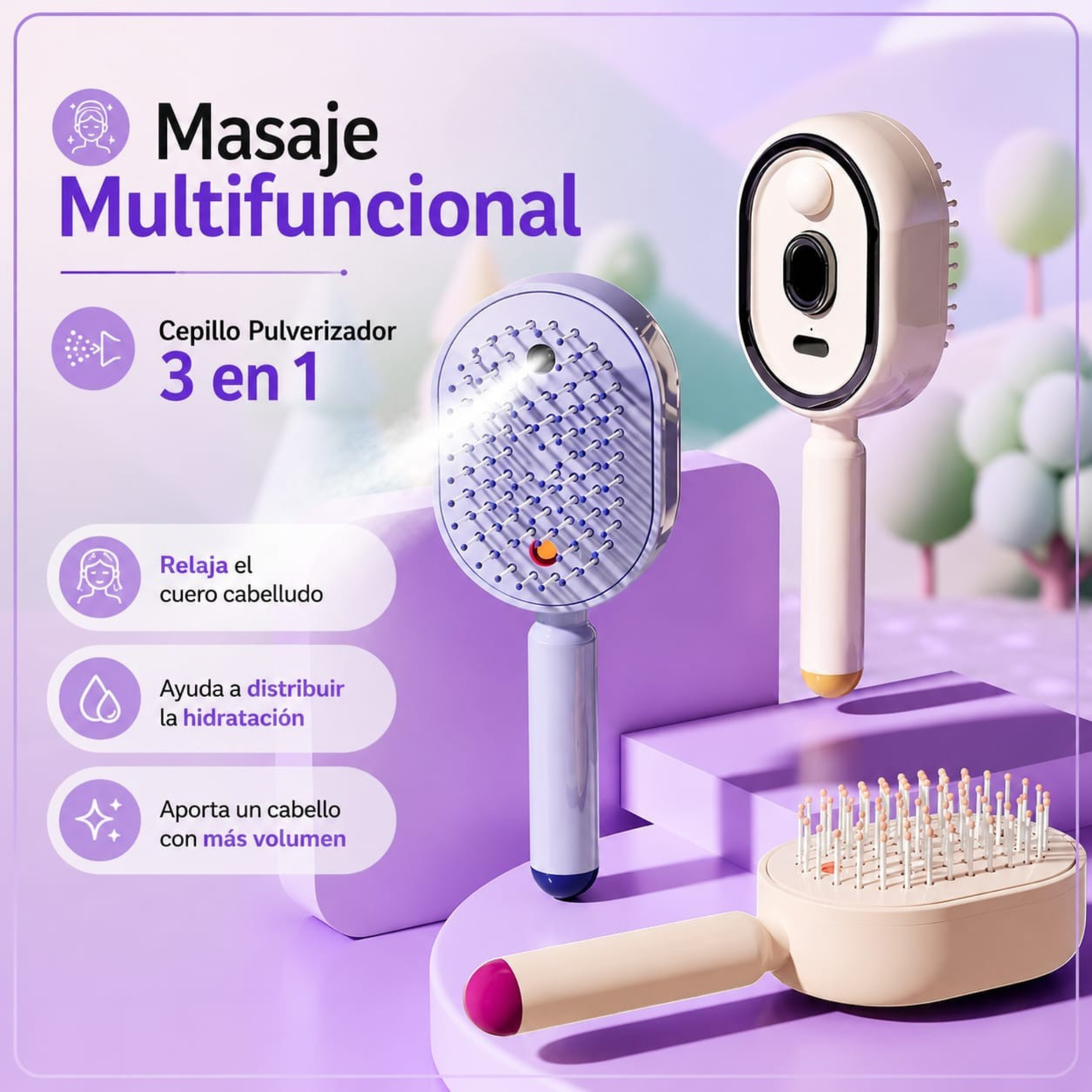 Cepillo Inteligente de Vapor 3 en 1 💧 Hidratación profunda · Masaje relajante · Sin daños